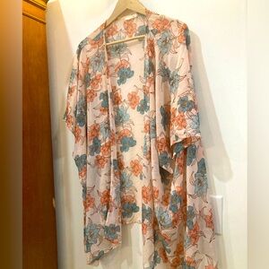 Jella C chiffon poppies semi sheer chiffon caftan blues and terracotta.  OSFM